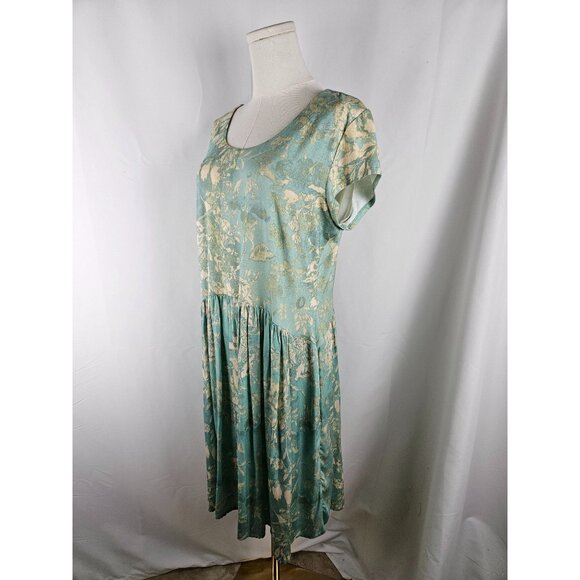 Peruvian Connection White Lotus Dress Large Midi Aqua Fit And Flare Floral Boho - Picture 5 of 10